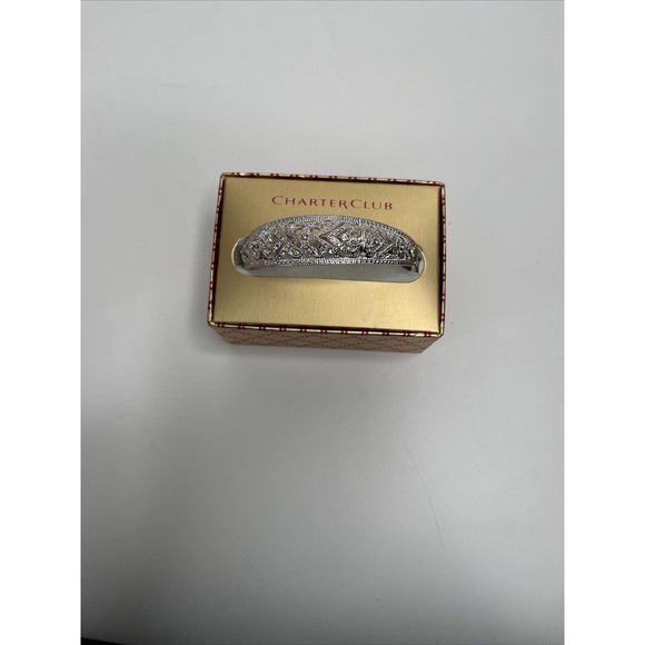 CHARTER CLUB Hinged Bangle Bracelet New Silvertone Clear Austrian Crystals - Picture 5 of 5